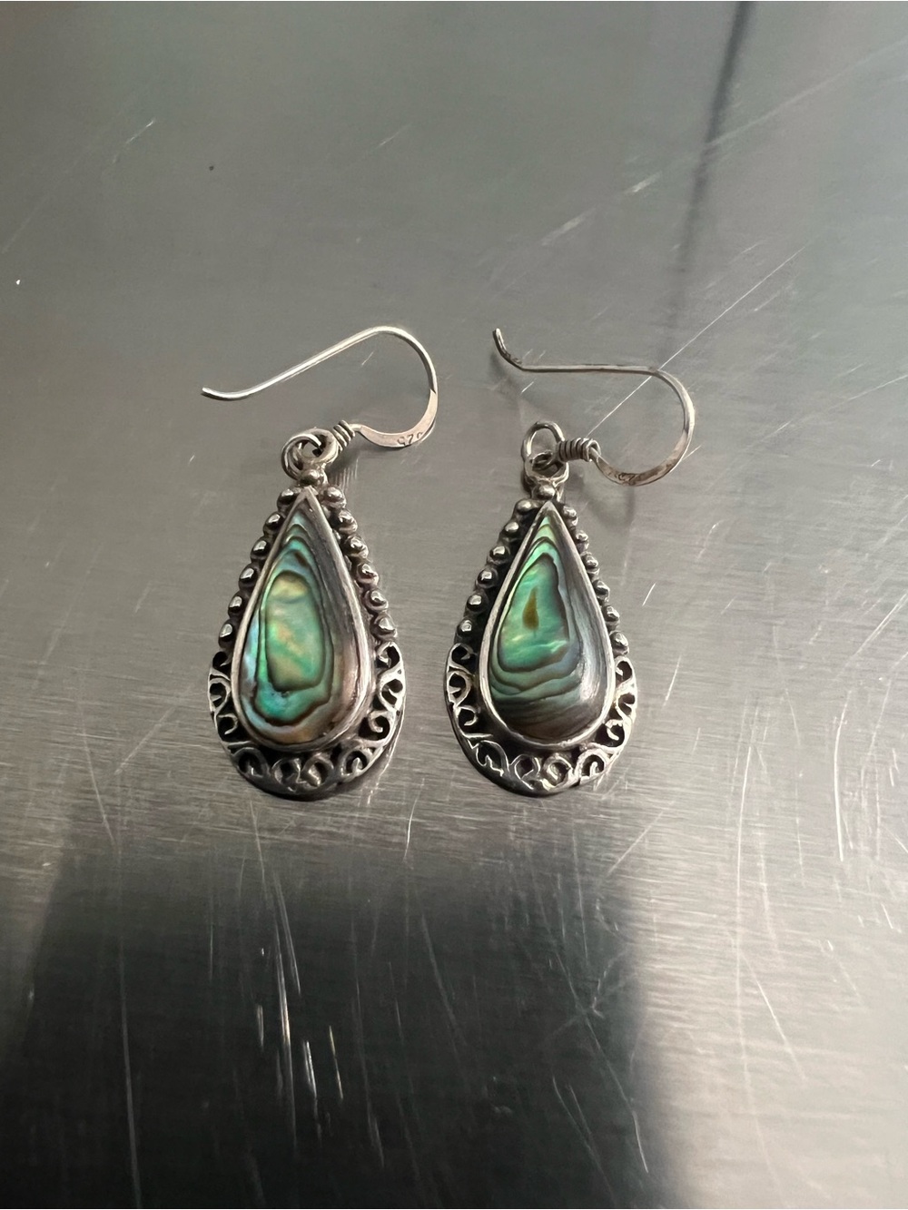 Sterling Silver Teardrop Abalone Dangle Earrings - Iridescent Green